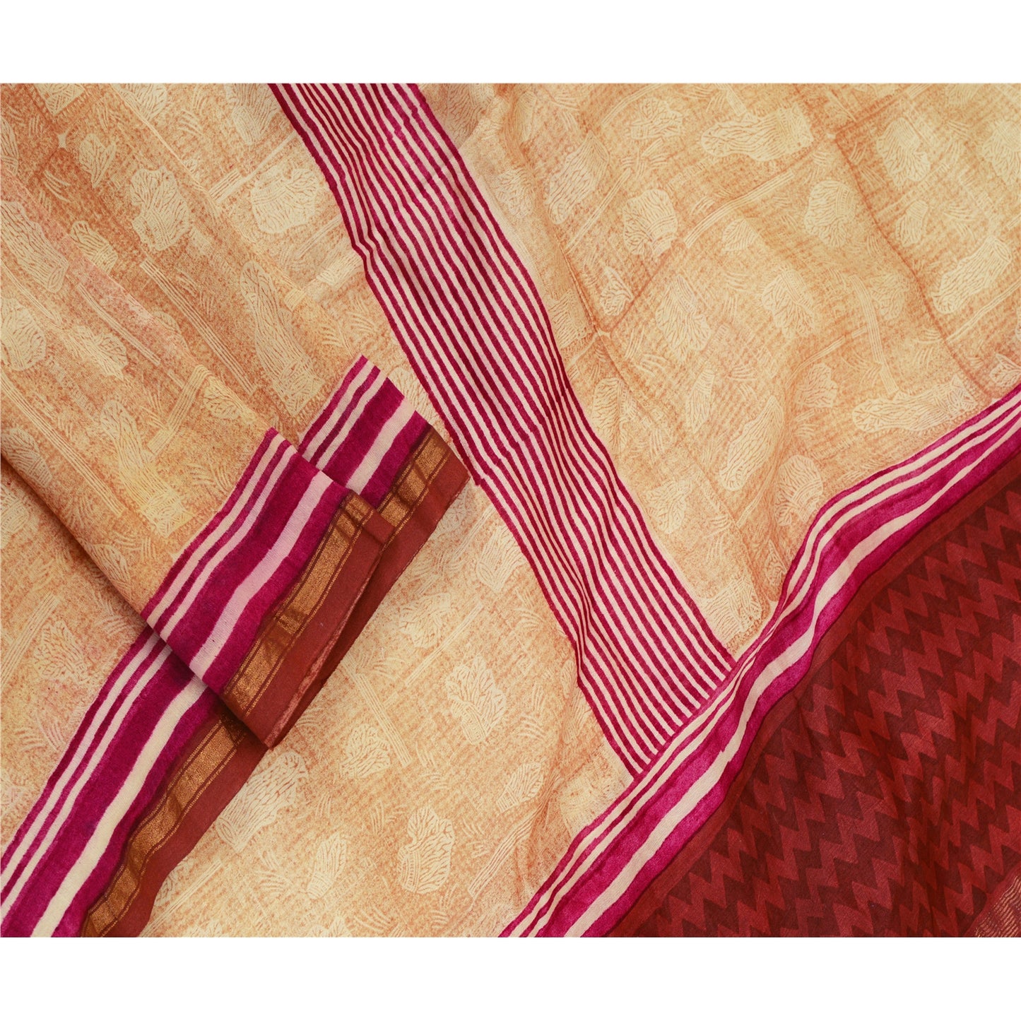 Санскрити Винтаж Кремовый/Темно-красный Длинный Палантин Дупатта Чистый Шелковый Набивной Шарф