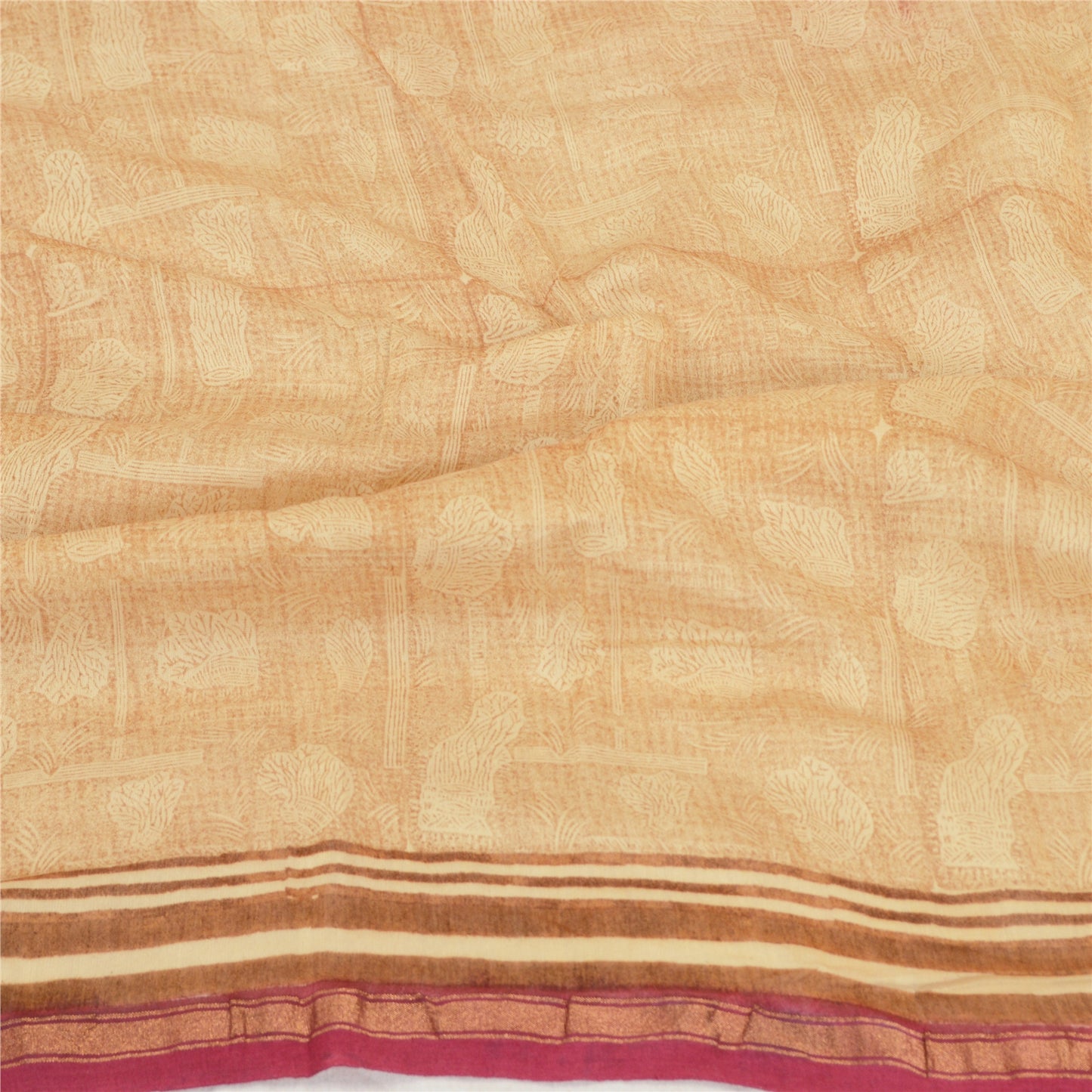 Санскрити Винтаж Кремовый/Темно-красный Длинный Палантин Дупатта Чистый Шелковый Набивной Шарф