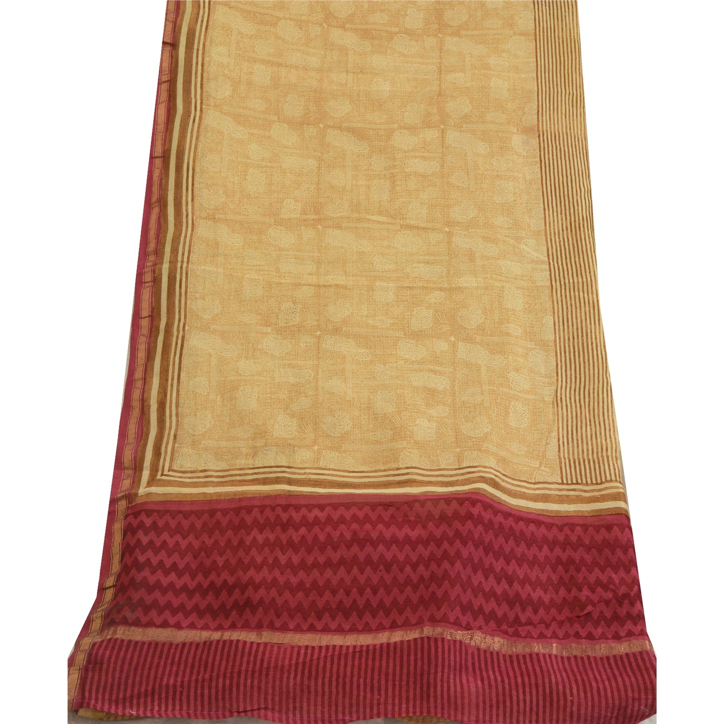 Санскрити Винтаж Кремовый/Темно-красный Длинный Палантин Дупатта Чистый Шелковый Набивной Шарф