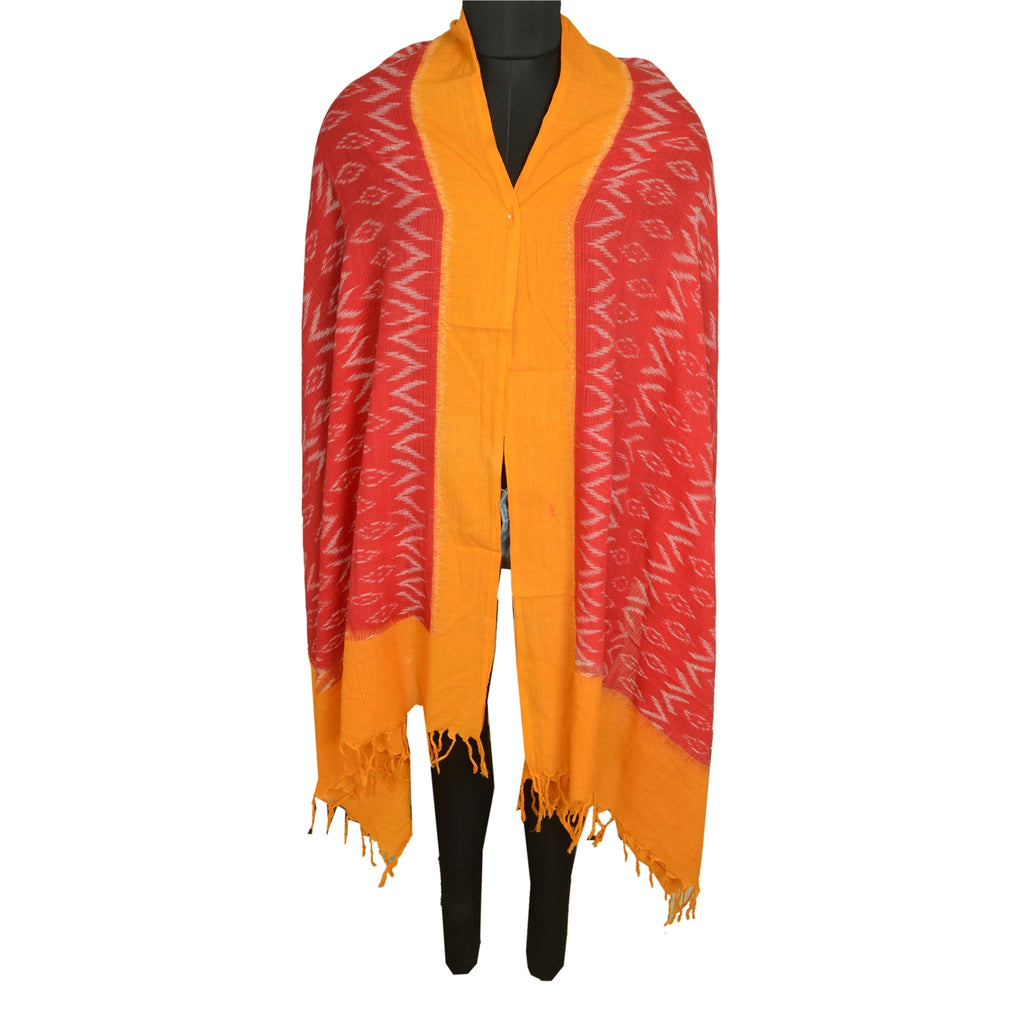 Sanskriti Vintage Long Stole Red/Saffron Pure Cotton Hand-Woven Sambalpuri Ikat
