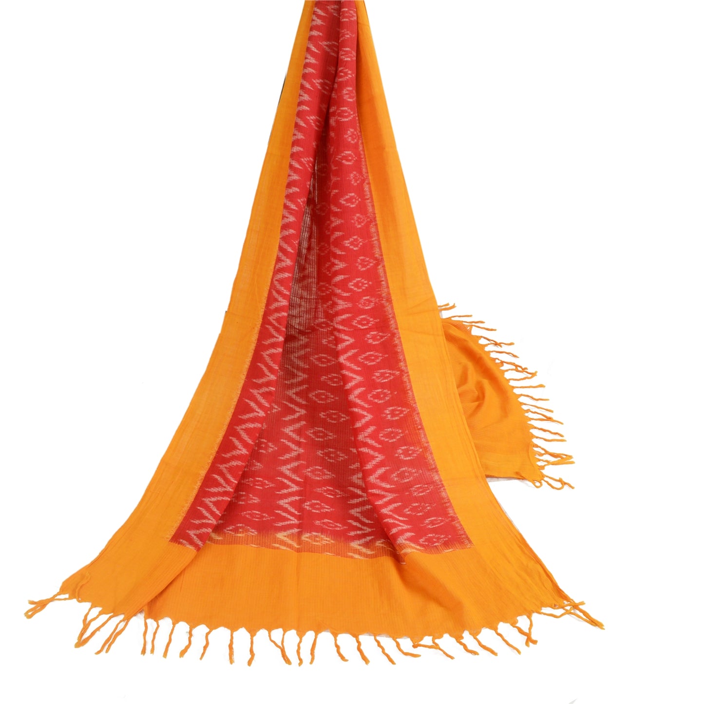 Sanskriti Vintage Long Stole Red/Saffron Pure Cotton Hand-Woven Sambalpuri Ikat