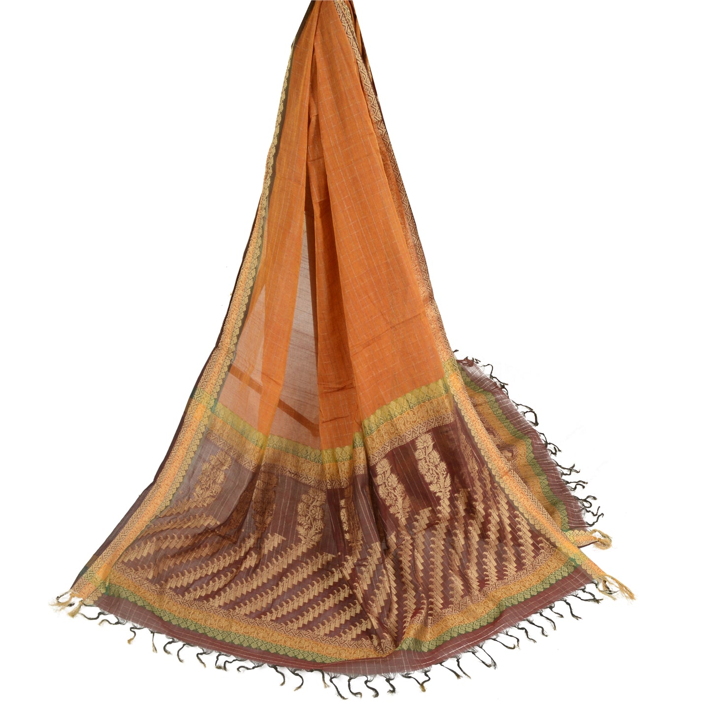 Sanskriti Vintage Saffron/Dark Red Long Dupatta Stole Blend Silk Woven Scarves