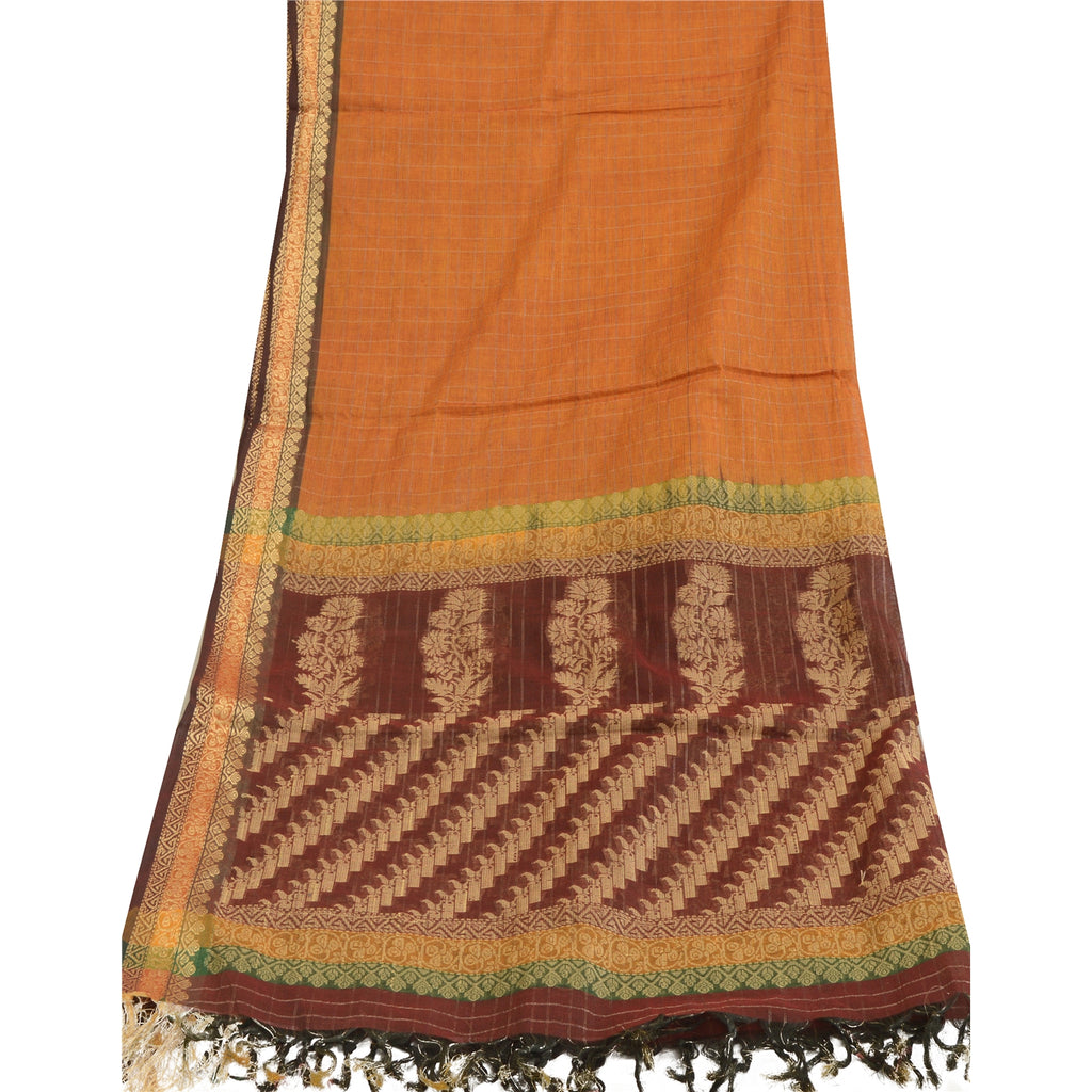 Sanskriti Vintage Saffron/Dark Red Long Dupatta Stole Blend Silk Woven Scarves