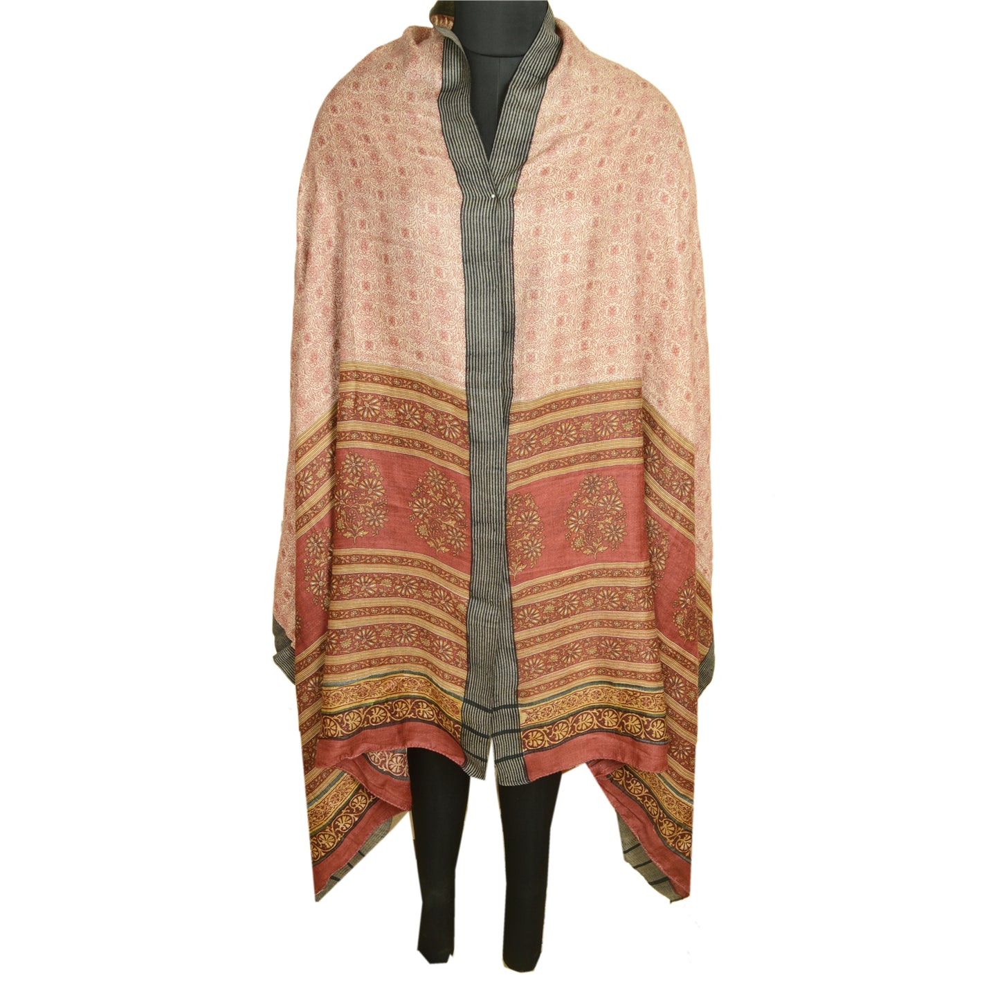 Sanskriti Vintage Elfenben/Mørkerød Lang Dupatta Stola Bomuld Silke Trykt Hijab