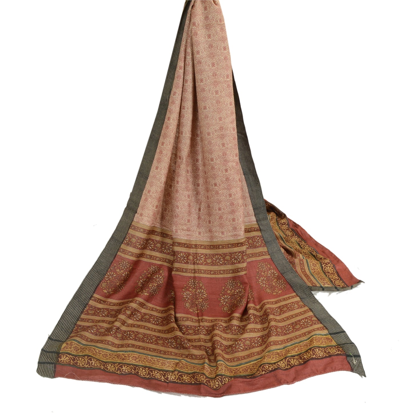 Sanskriti Vintage Elfenben/Mørkerød Lang Dupatta Stola Bomuld Silke Trykt Hijab