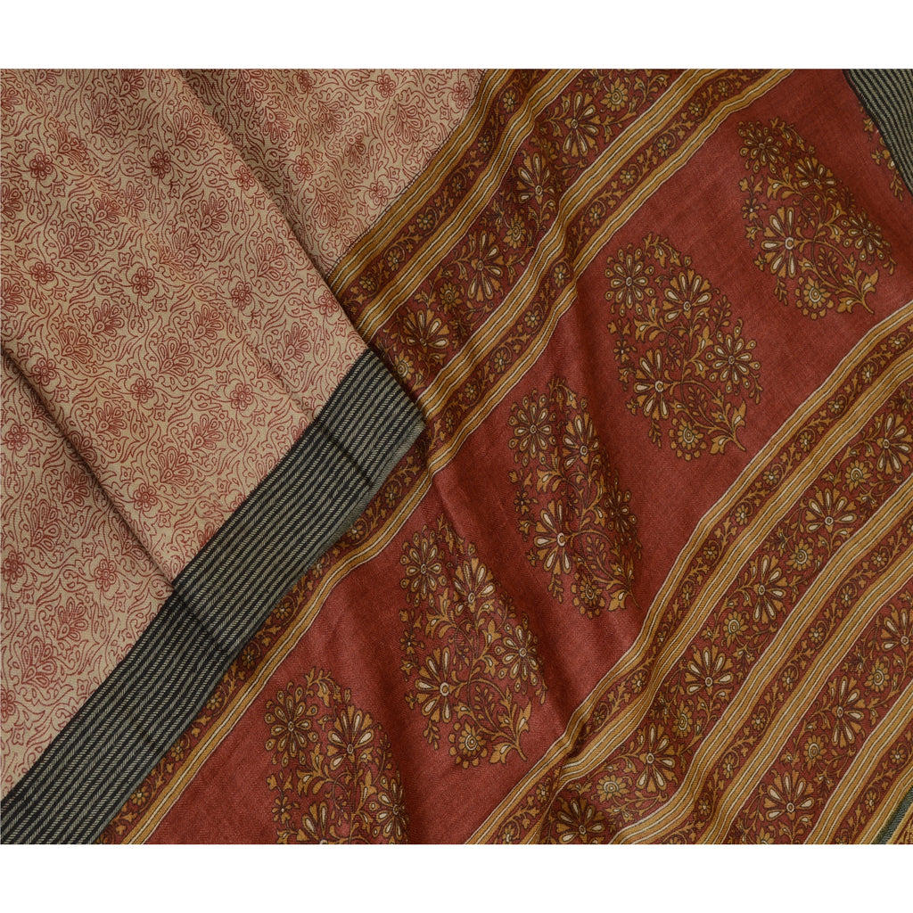 Sanskriti Vintage Ivory/Dark Red Long Dupatta Scarf Cotton Silk Printed Hijab Uses-Crafts Sewing Patchwork Home Decor, Bag Making