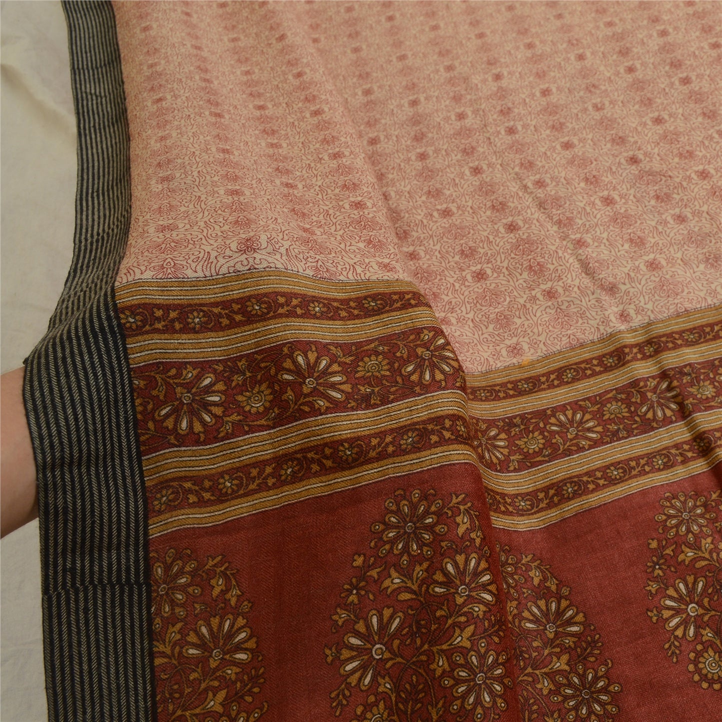 Sanskriti Vintage Elfenben/Mørkerød Lang Dupatta Stola Bomuld Silke Trykt Hijab