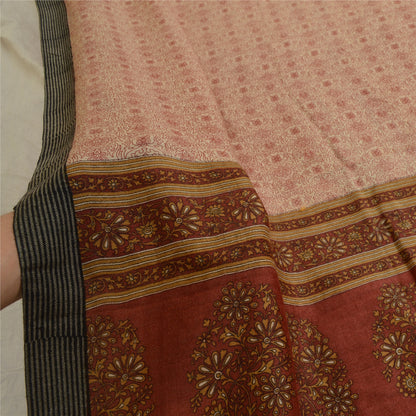 Sanskriti Vintage Elfenben/Mørkerød Lang Dupatta Stola Bomuld Silke Trykt Hijab