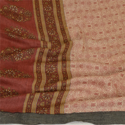 Sanskriti Vintage Elfenben/Mørkerød Lang Dupatta Stola Bomuld Silke Trykt Hijab