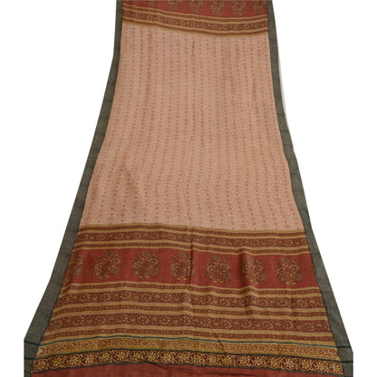 Sanskriti Vintage Elfenben/Mørkerød Lang Dupatta Stola Bomuld Silke Trykt Hijab