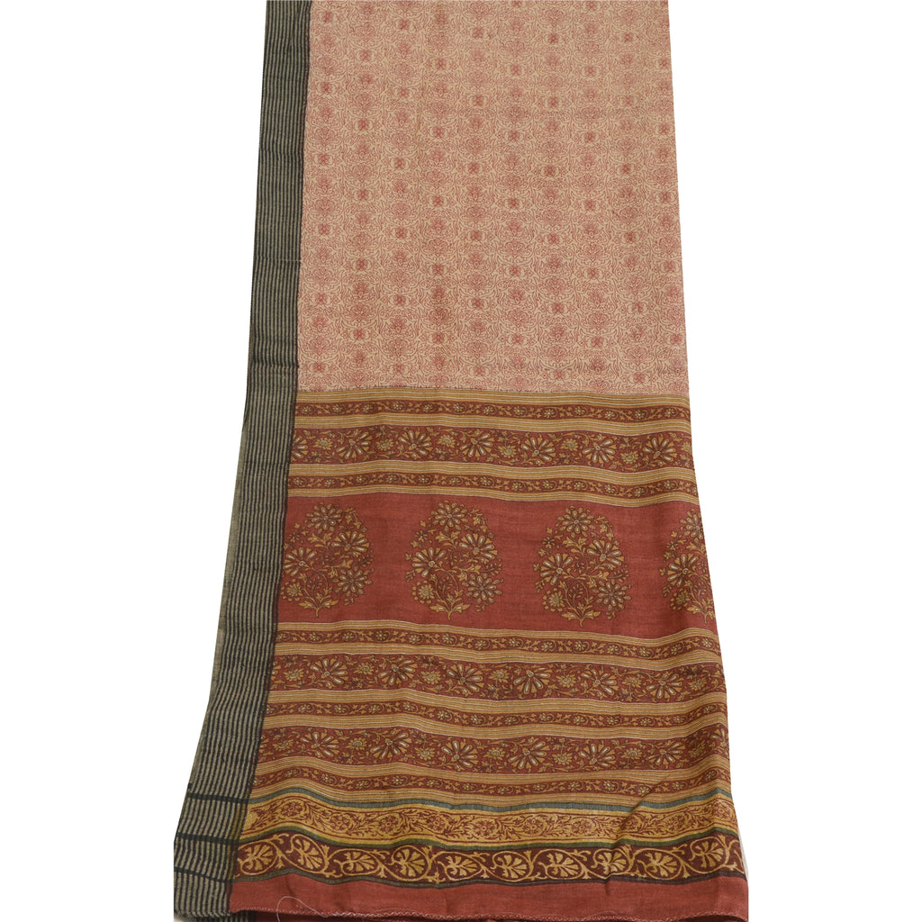 Sanskriti Vintage Elfenben/Mørkerød Lang Dupatta Stola Bomuld Silke Trykt Hijab