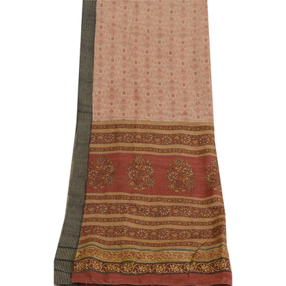 Sanskriti Vintage Elfenben/Mørkerød Lang Dupatta Stola Bomuld Silke Trykt Hijab