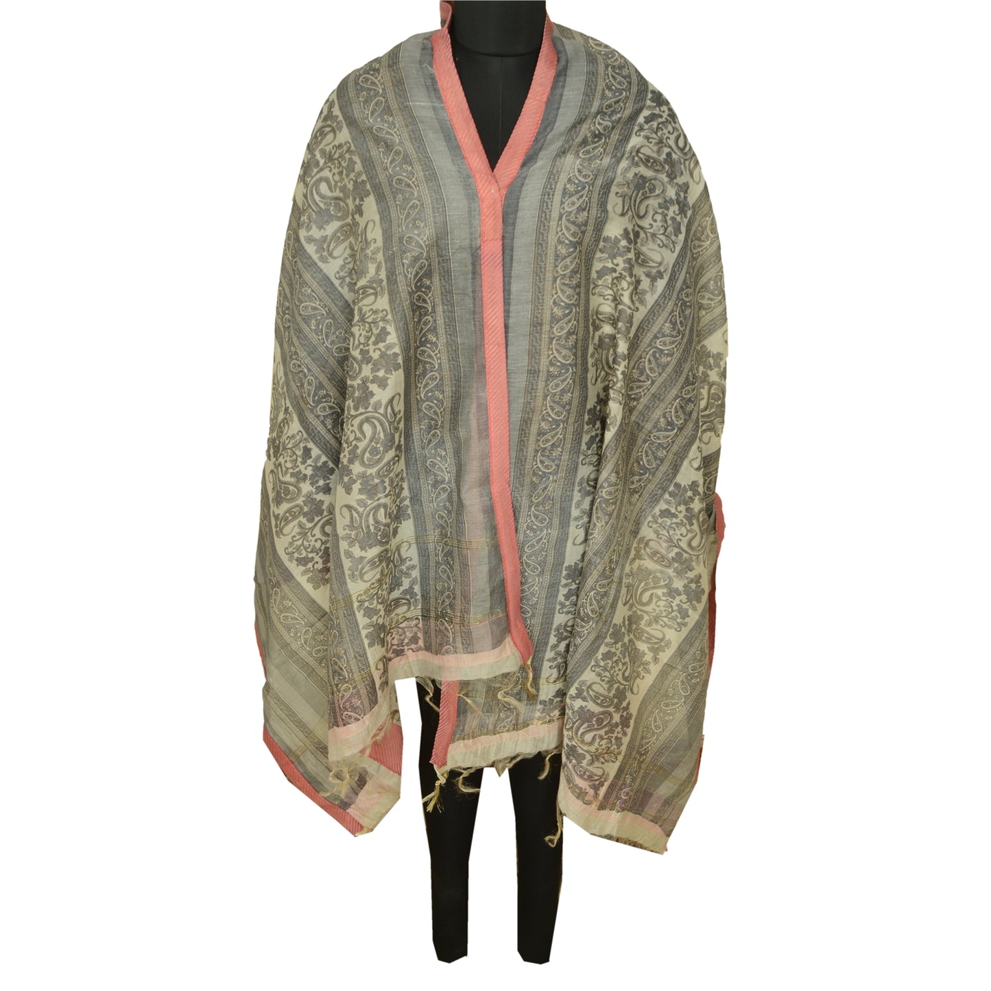Sanskriti Vintage Ivory/Grey Long Dupatta/Stole Pure Chanderi Silk Print/Painted