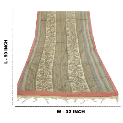 Sanskriti Vintage Ivory/Grey Long Dupatta/Stole Pure Chanderi Silk Print/Painted