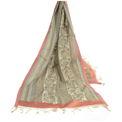 Sanskriti Vintage Ivory/Grey Long Dupatta/Stole Pure Chanderi Silk Print/Painted