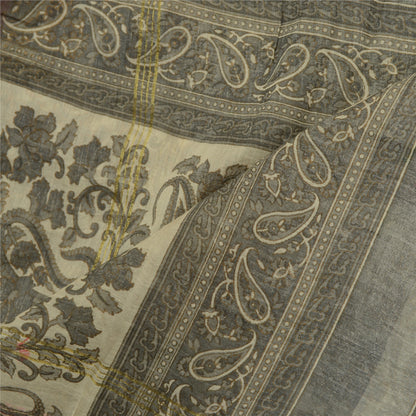 Sanskriti Vintage Ivory/Grey Long Dupatta/Stole Pure Chanderi Silk Print/Painted