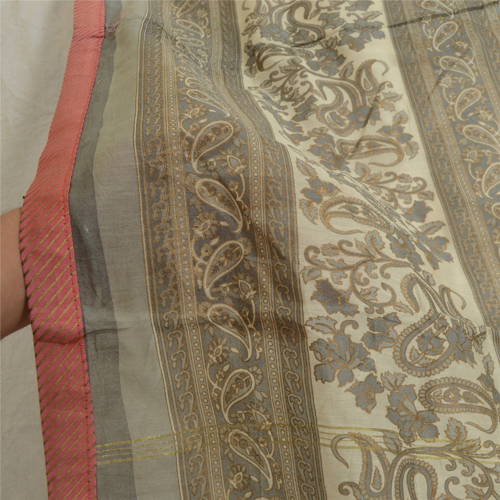 Sanskriti Vintage Ivory/Grey Long Dupatta/Stole Pure Chanderi Silk Print/Painted