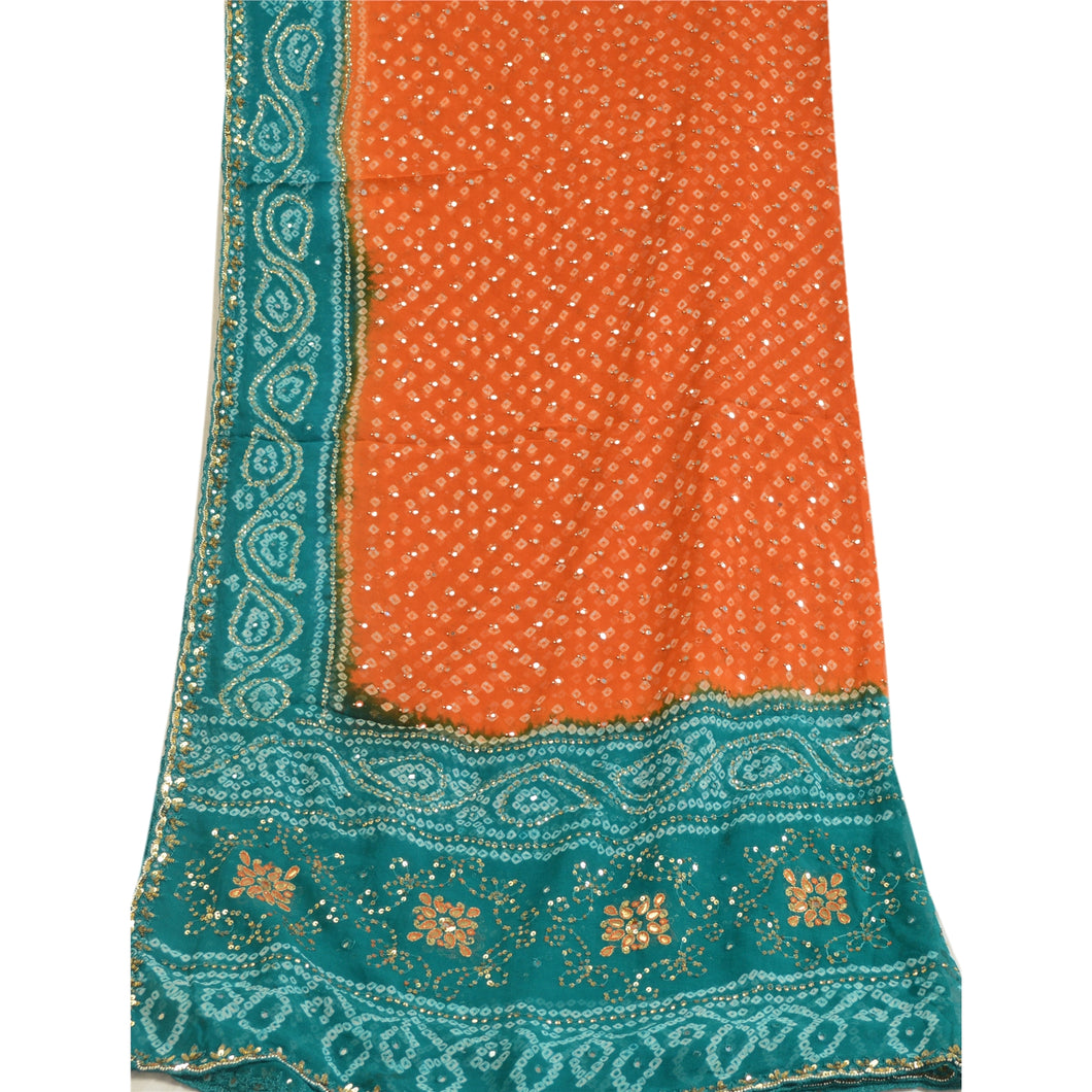 Sanskriti Vintage Green Long Dupatta/Stole Pure Georgette Silk Handmade Bandhani
