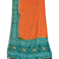 Sanskriti Vintage Green Long Dupatta/Stole Pure Georgette Silk Handmade Bandhani
