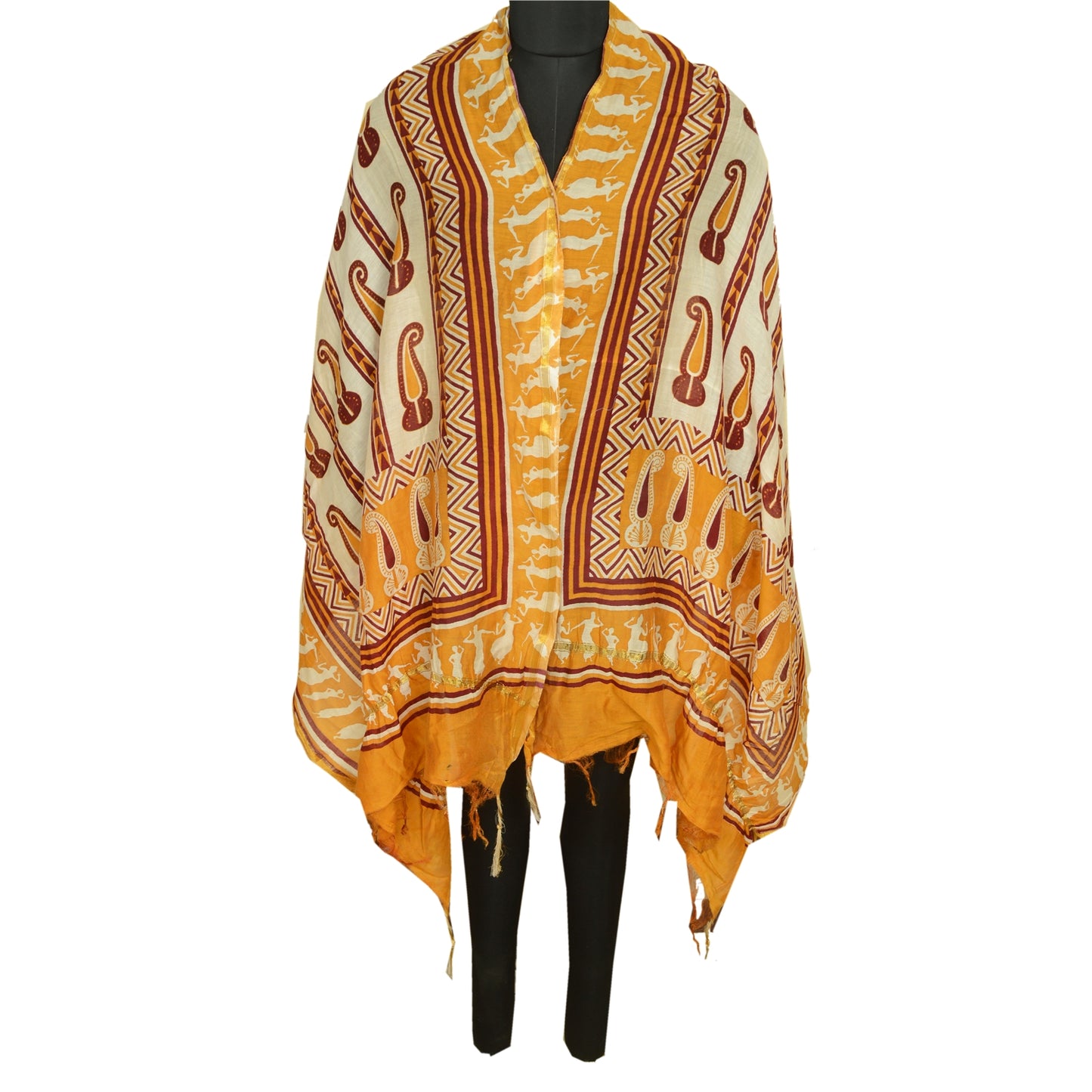 Санскрити Винтаж Желтый/цвета слоновой кости Чистый Шелк Дупатта Длинный Палантин Блок Печатный Хиджаб