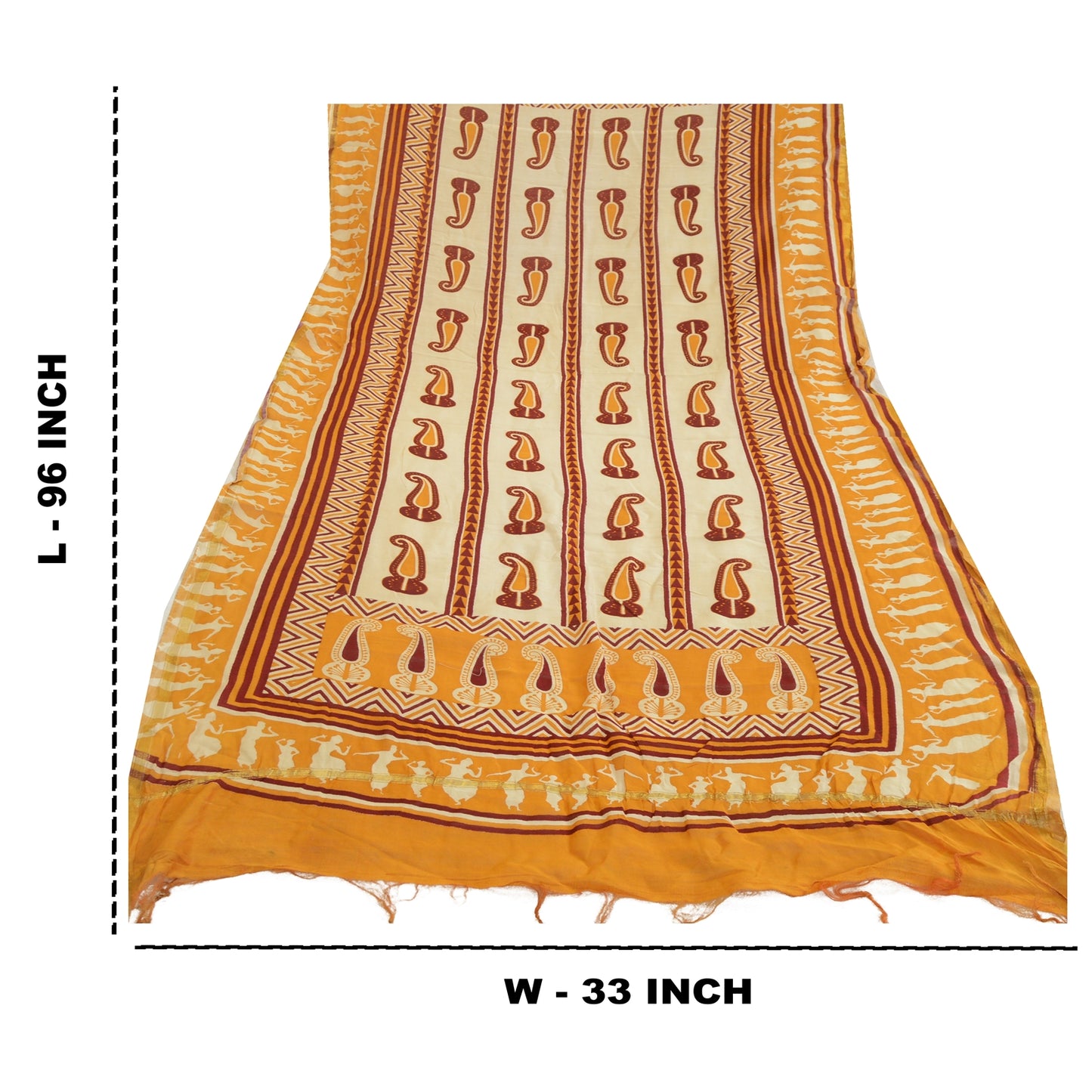 Санскрити Винтаж Желтый/цвета слоновой кости Чистый Шелк Дупатта Длинный Палантин Блок Печатный Хиджаб