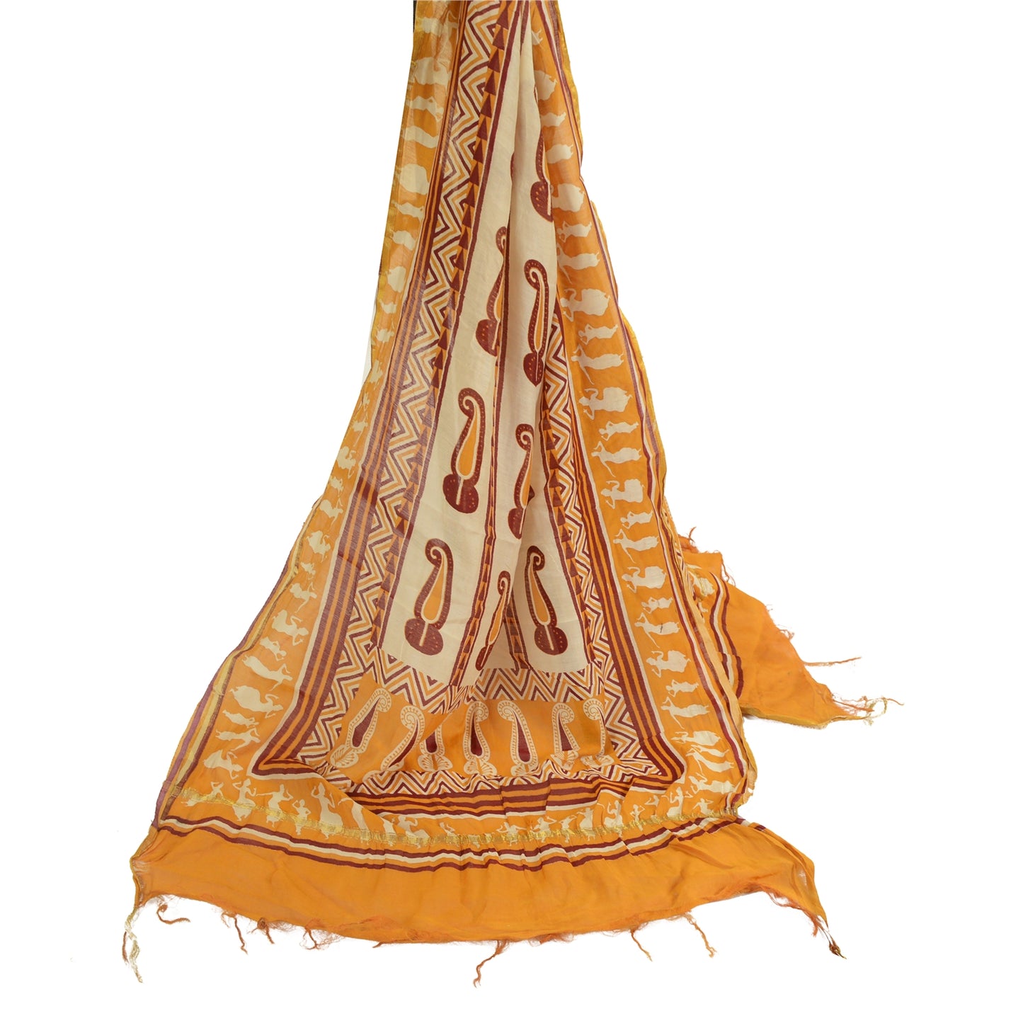 Санскрити Винтаж Желтый/цвета слоновой кости Чистый Шелк Дупатта Длинный Палантин Блок Печатный Хиджаб