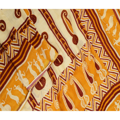 Санскрити Винтаж Желтый/цвета слоновой кости Чистый Шелк Дупатта Длинный Палантин Блок Печатный Хиджаб