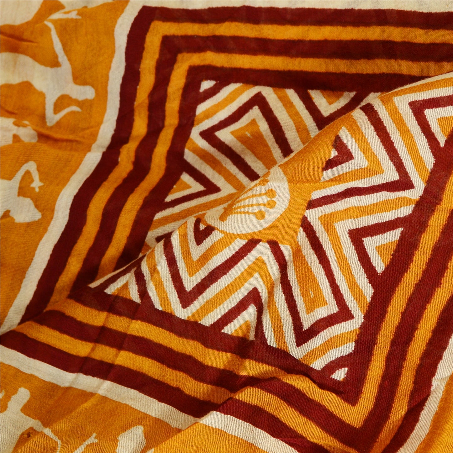 Санскрити Винтаж Желтый/цвета слоновой кости Чистый Шелк Дупатта Длинный Палантин Блок Печатный Хиджаб