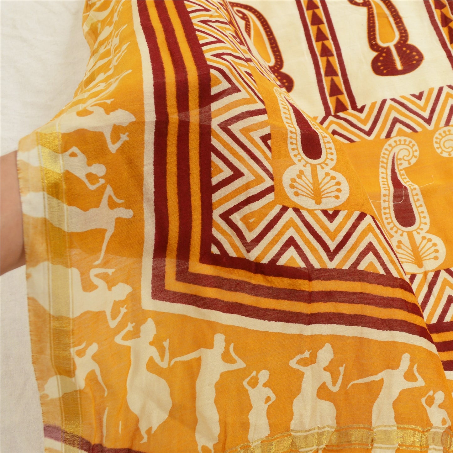 Санскрити Винтаж Желтый/цвета слоновой кости Чистый Шелк Дупатта Длинный Палантин Блок Печатный Хиджаб