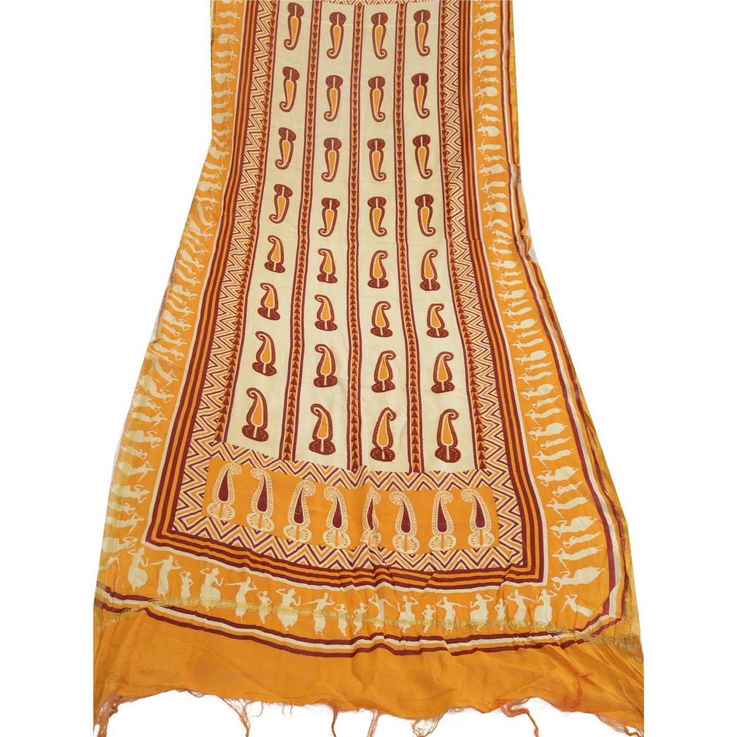 Санскрити Винтаж Желтый/цвета слоновой кости Чистый Шелк Дупатта Длинный Палантин Блок Печатный Хиджаб