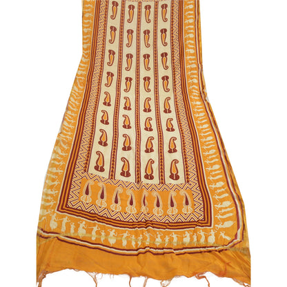 Санскрити Винтаж Желтый/цвета слоновой кости Чистый Шелк Дупатта Длинный Палантин Блок Печатный Хиджаб