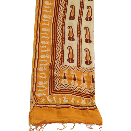 Sanskriti Vintage Yellow/Ivory Pure Silk Dupatta Long Stole Block Printed Hijab