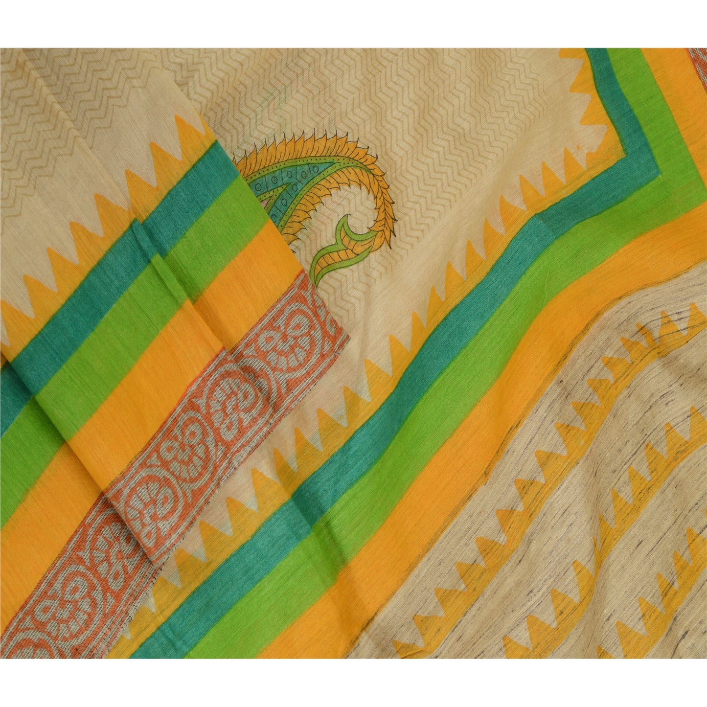 Sanskriti Vintage Long Dupatta Stole Pure Silk Ivory Hand-Block Printed Scarves