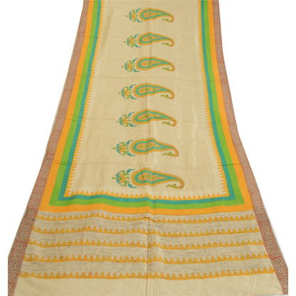Sanskriti Vintage Long Dupatta Stole Pure Silk Ivory Hand-Block Printed Scarves