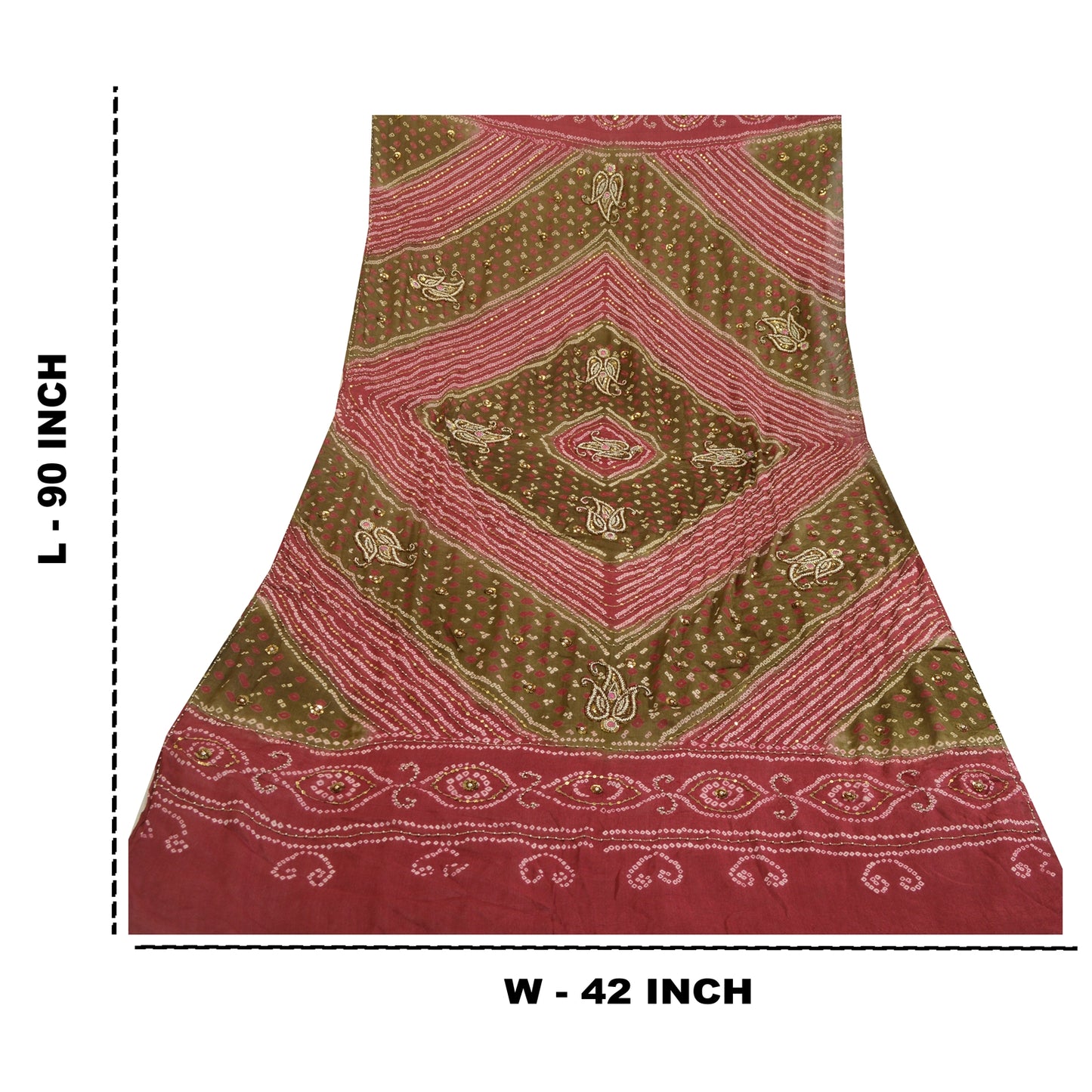 Sanskriti Vintage Green/Red Long Dupatta/Stole Pure Georgette Handmade Bandhani