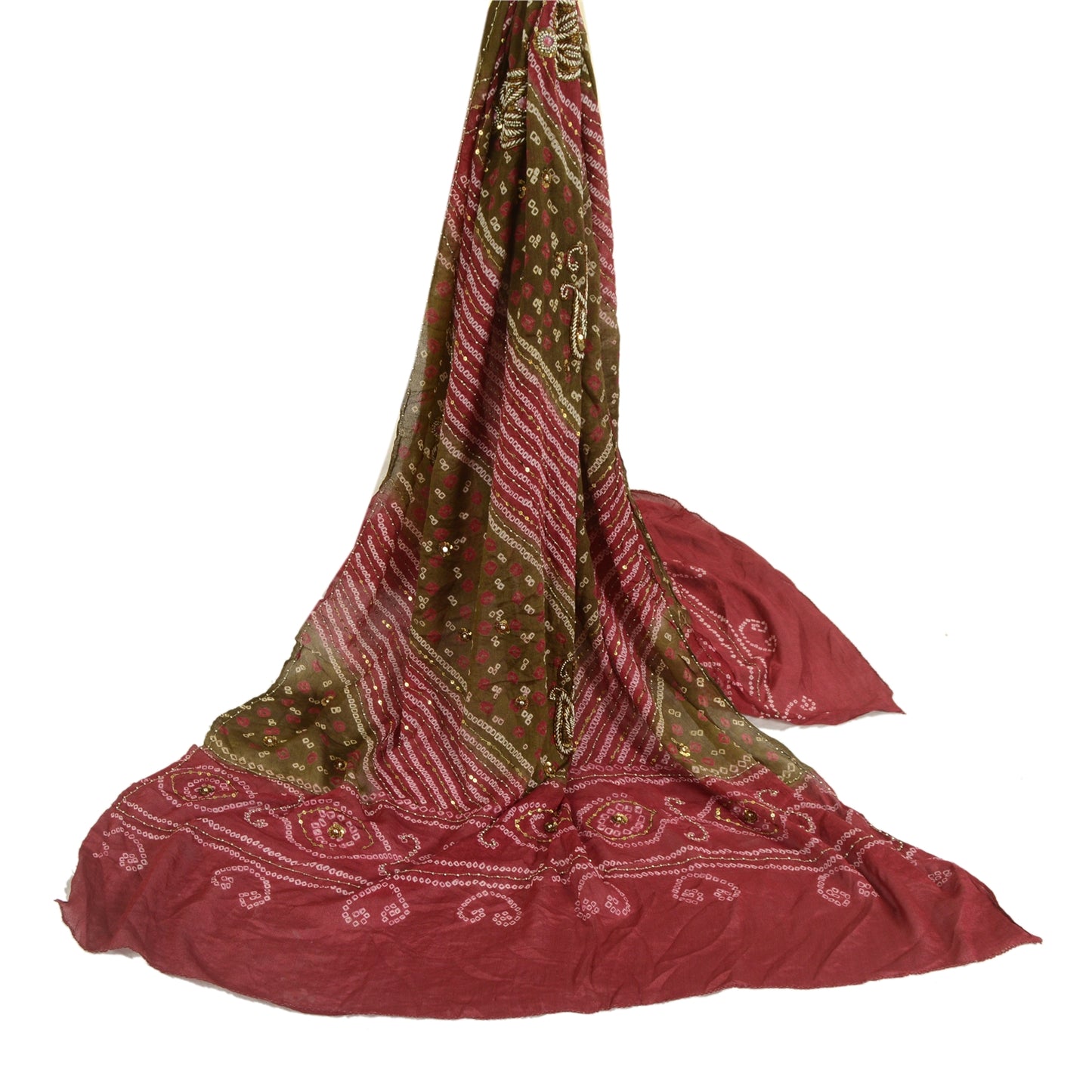 Sanskriti Vintage Green/Red Long Dupatta/Stole Pure Georgette Handmade Bandhani