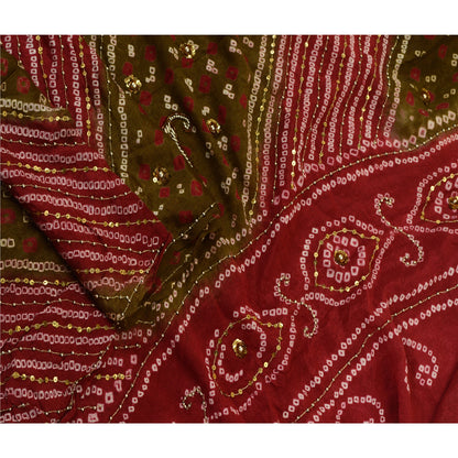 Sanskriti Vintage Green/Red Long Dupatta/Stole Pure Georgette Handmade Bandhani