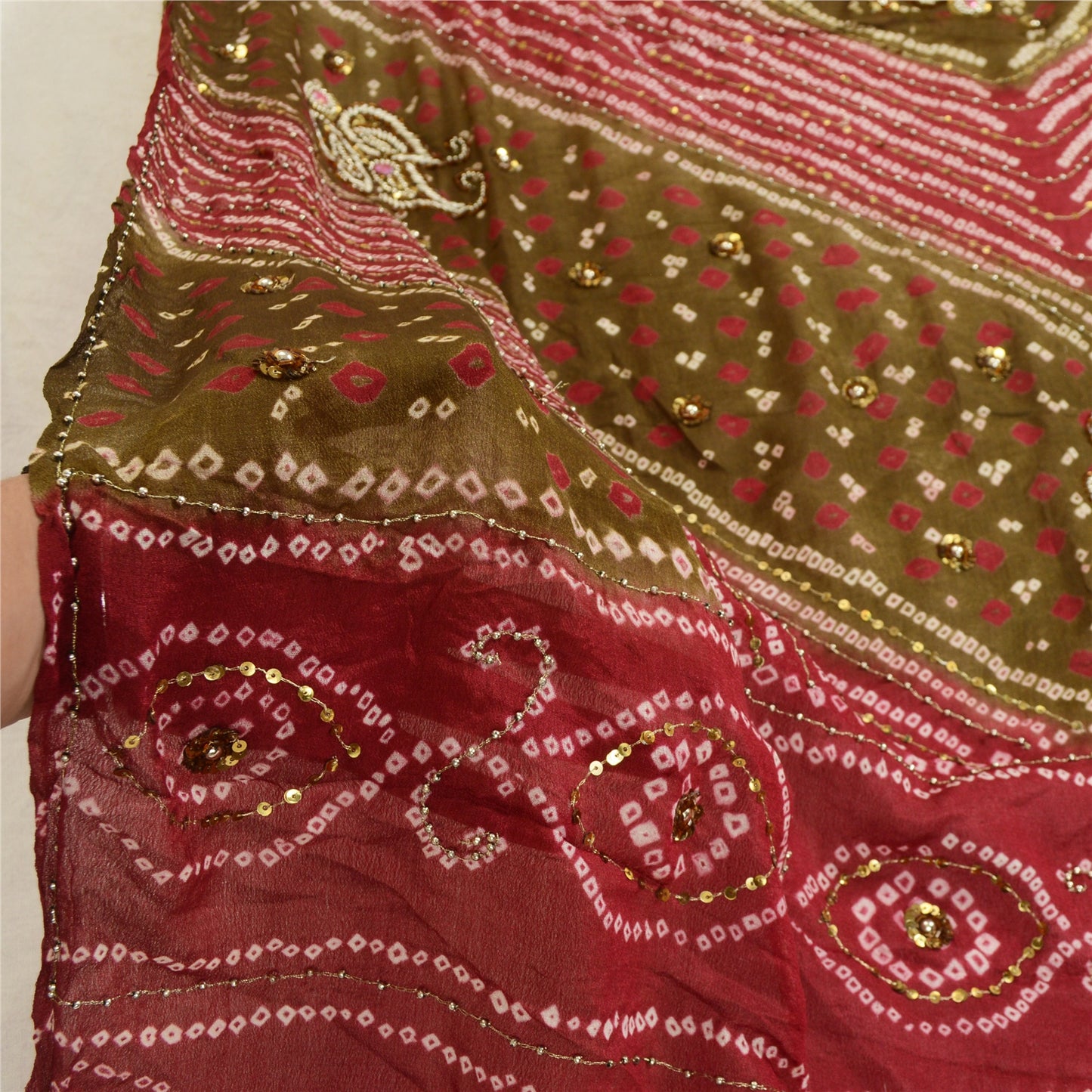 Sanskriti Vintage Green/Red Long Dupatta/Stole Pure Georgette Handmade Bandhani