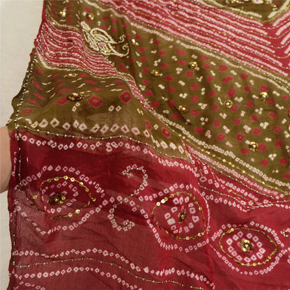 Sanskriti Vintage Green/Red Long Dupatta/Stole Pure Georgette Handmade Bandhani