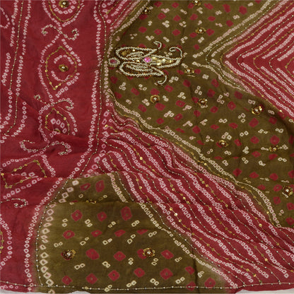 Sanskriti Vintage Green/Red Long Dupatta/Stole Pure Georgette Handmade Bandhani