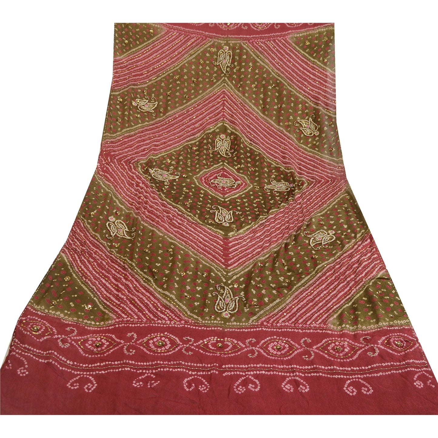 Sanskriti Vintage Green/Red Long Dupatta/Stole Pure Georgette Handmade Bandhani