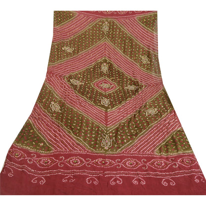 Sanskriti Vintage Green/Red Long Dupatta/Stole Pure Georgette Handmade Bandhani