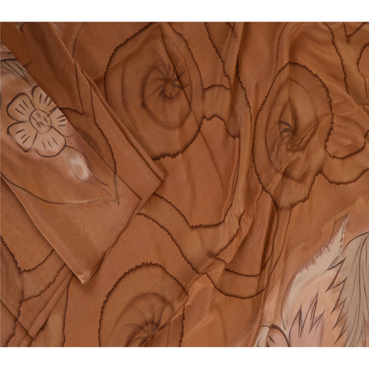 Sanskriti Vintage Brown Long Dupatta/ Pure Crepe Silk Hijab Floral Printed Veil  Add-Elegance to Table Linen, Curtains, Cushions