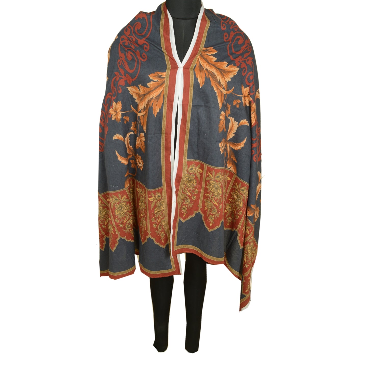 Sanskriti Vintage Grey/Brick Red Long Dupatta Stole Pure Cotton Printed Scarves