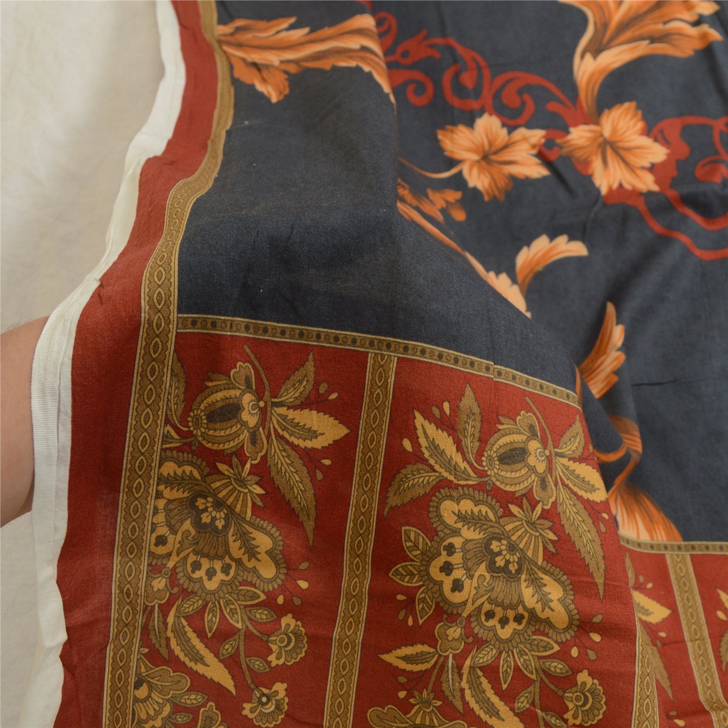 Sanskriti Vintage Grey/Brick Red Long Dupatta Stole Pure Cotton Printed Scarves