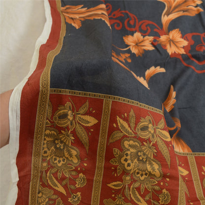 Sanskriti Vintage Grey/Brick Red Long Dupatta Stole Pure Cotton Printed Scarves