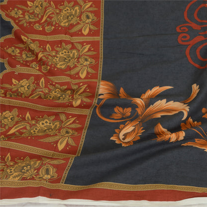 Sanskriti Vintage Grey/Brick Red Long Dupatta Stole Pure Cotton Printed Scarves