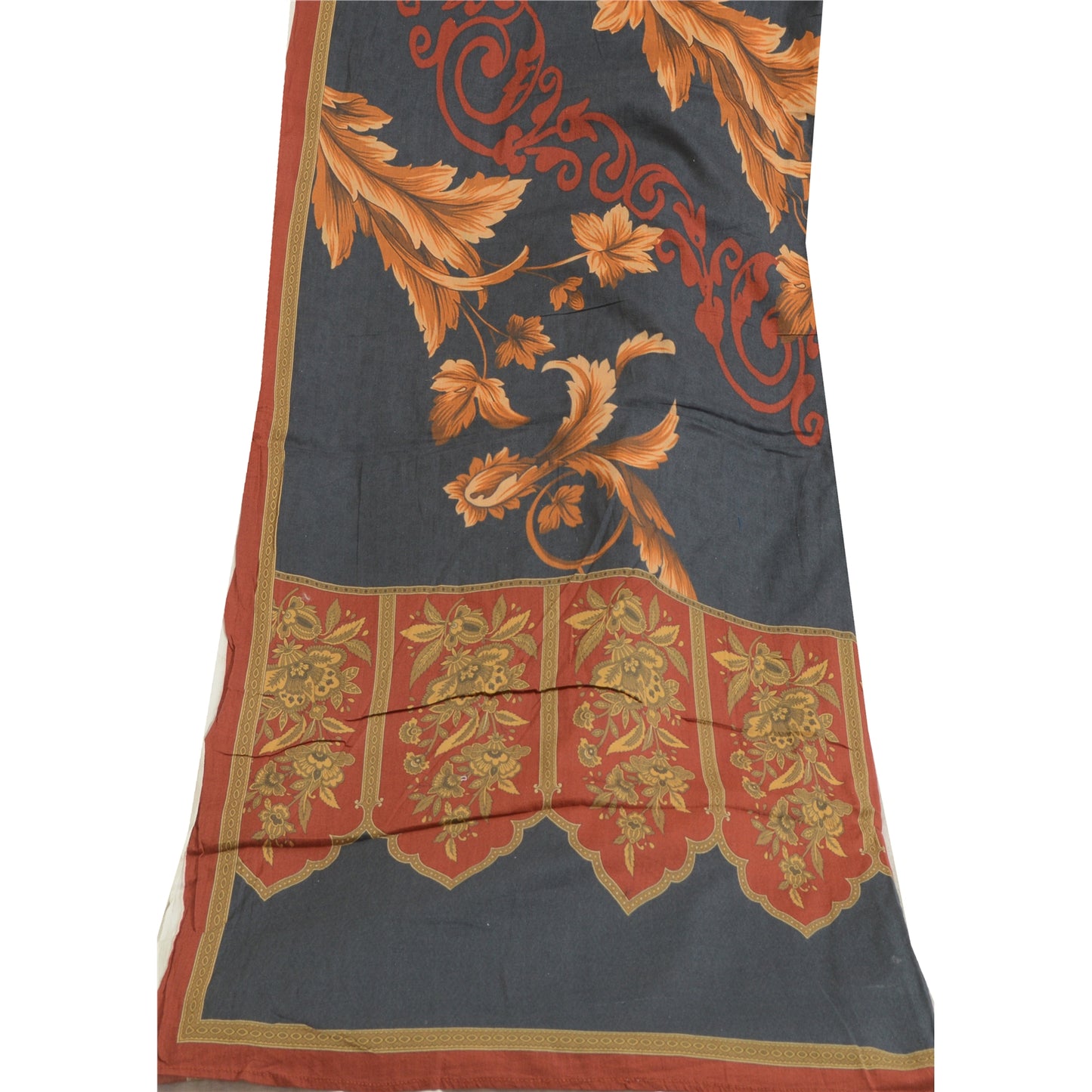 Sanskriti Vintage Grey/Brick Red Long Dupatta Stole Pure Cotton Printed Scarves