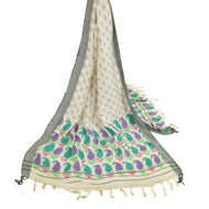 Sanskriti Vintage Ivory Long Dupatta Stole Woolen Veil Hand-Block Printed Hijab