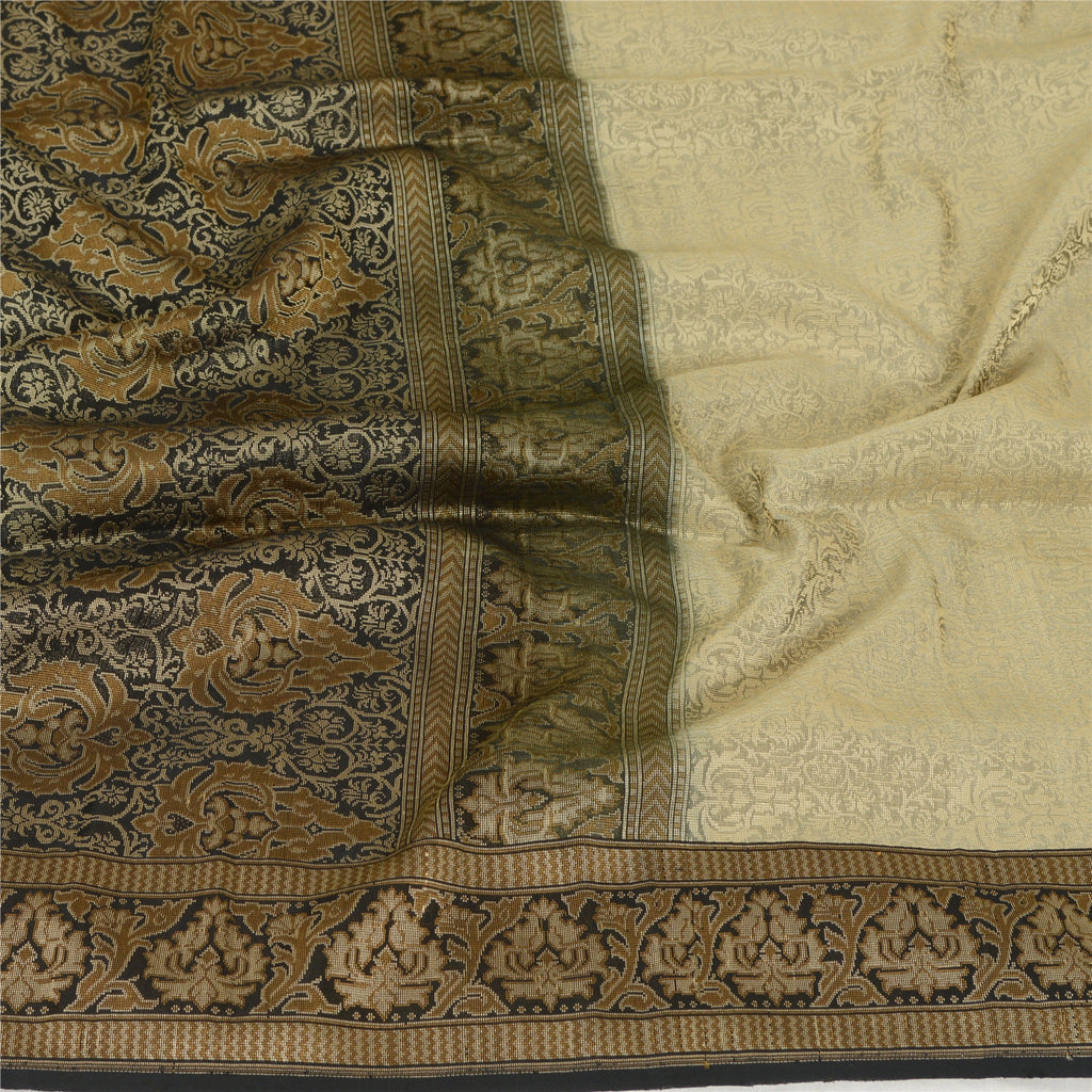 Sanskriti Vintage Long Dupatta Stole Pure Silk Grey/Black Woven Tanchoi Scarves